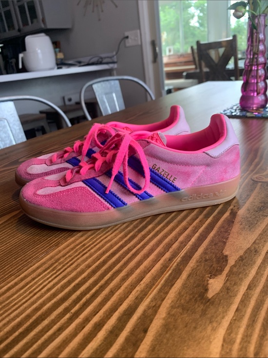 adidas Shoes - Adidas Gazelle Pink Suede Sneakers with Blue Stripes